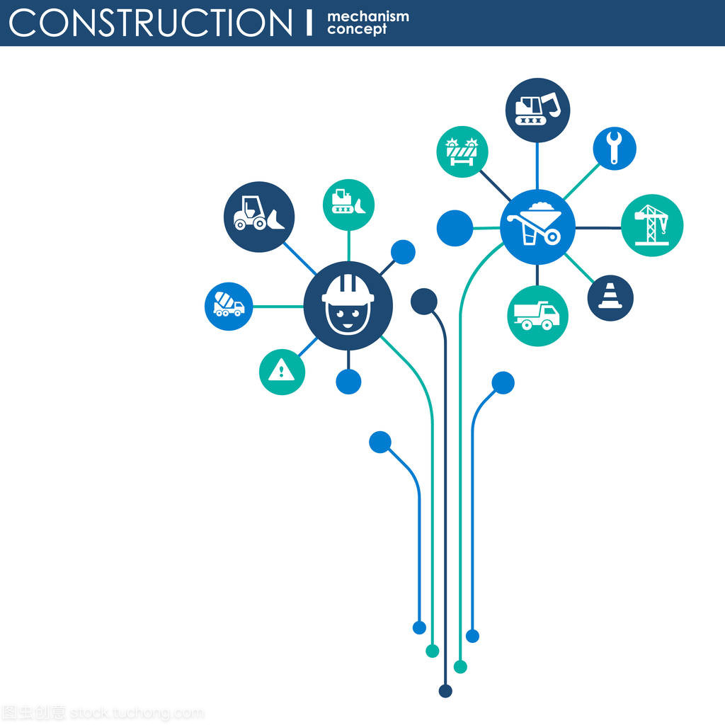 建設網絡。六角形抽象背景與線條、 多邊形和綜合平面圖標。連接符號生成、 工業、 建筑設計、 工程的概念。矢量