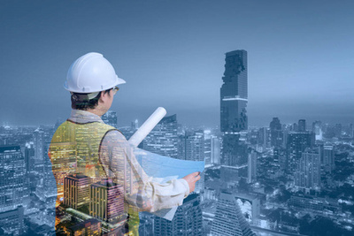 建筑師工作場所-建筑工具、 藍圖、 頭盔、 卷尺、 建設理念。工程工具